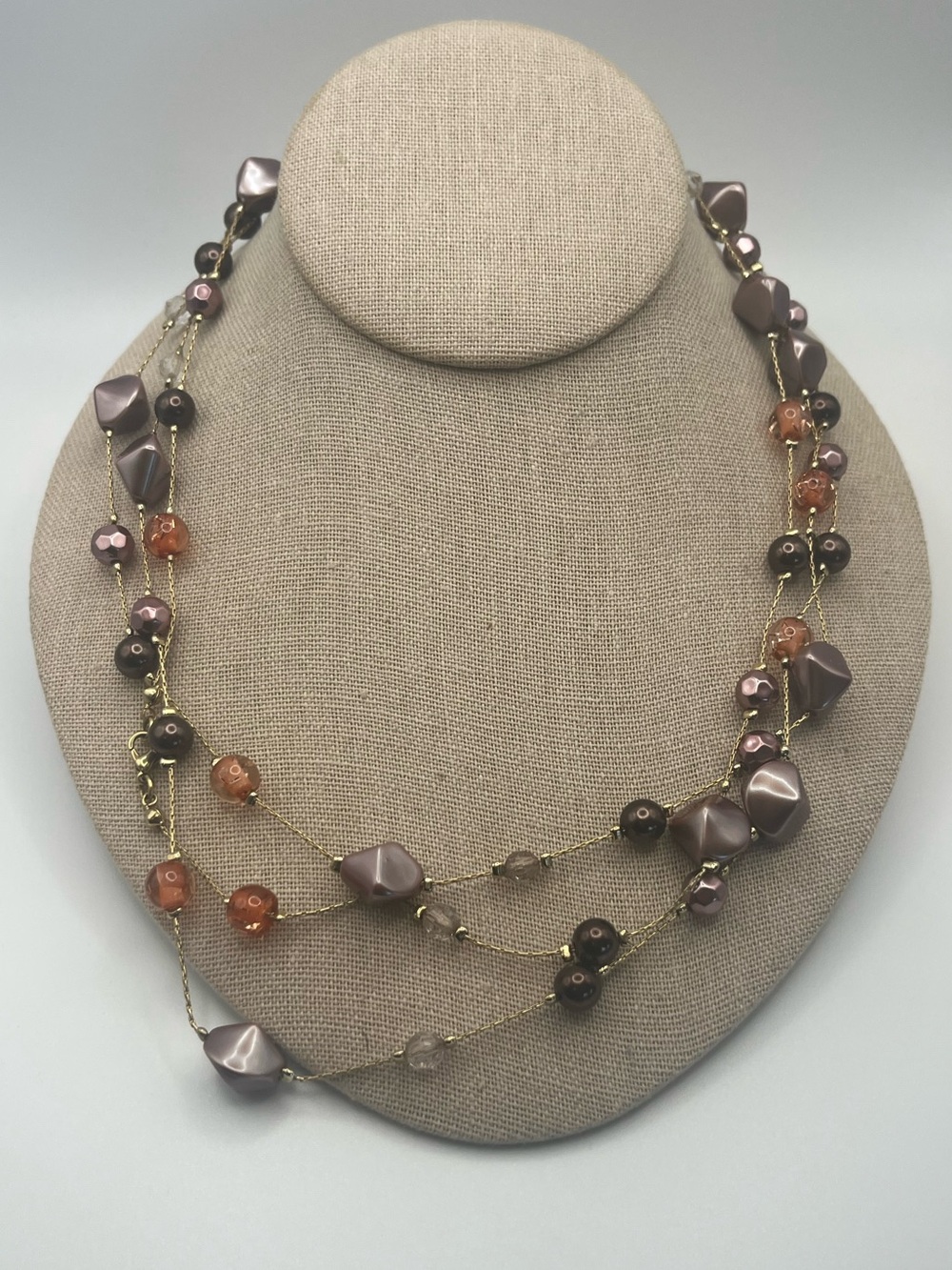 Very Long Brown and Peach Bead On Gold Tone Chain Necklace